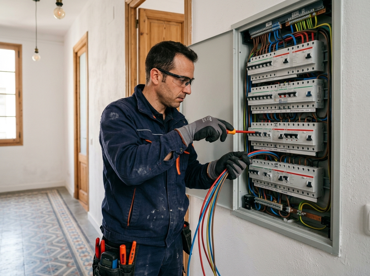 Electricista trabajando en un cuadro eléctrico en Barcelona